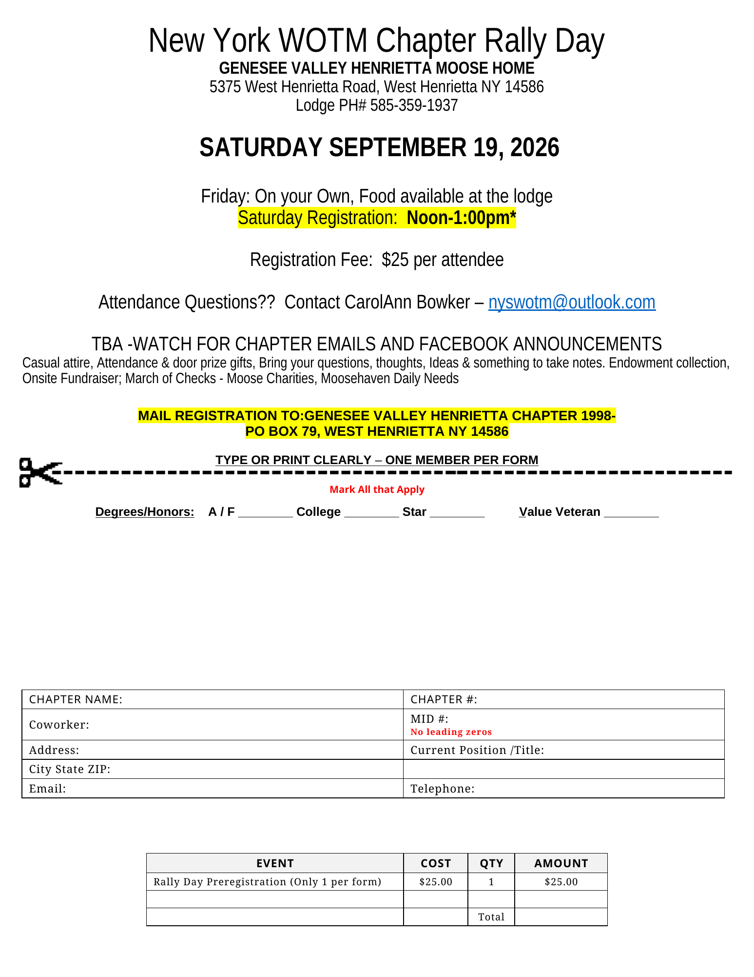 Preview of the 2026 Genesee Valley Henrietta Chapter Rally Day registration form