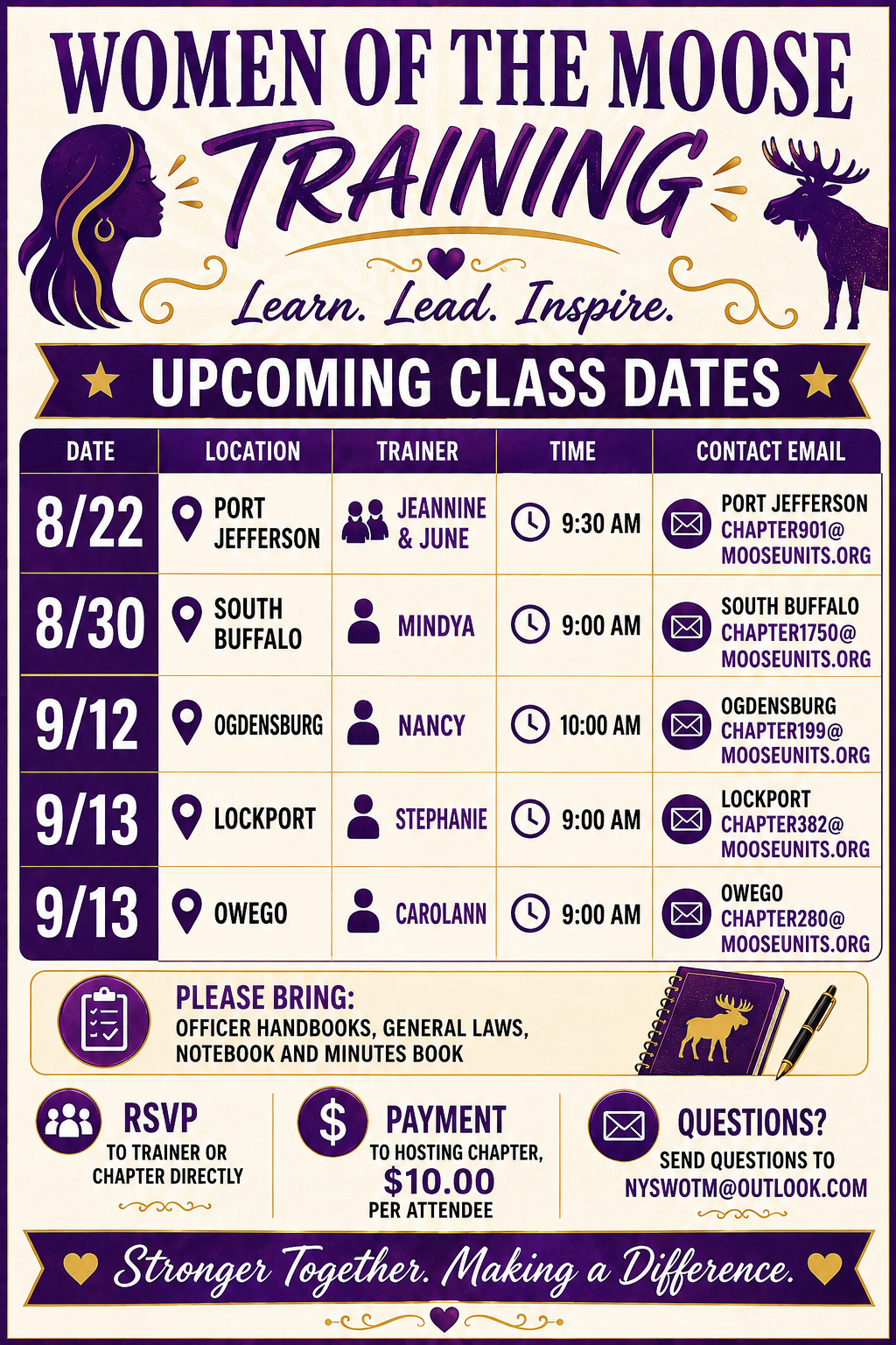 Women of the Moose Training upcoming class dates for August and September 2026.